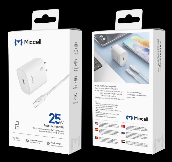 CARGADOR MICCELL 25W CON CABLE TIPO C A TIPO C
