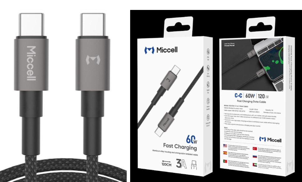 CABLE DE DATOS TIPO C A TIPO C 60W 1.2 METROS MARCA MICELL MODELO VQ-D06
