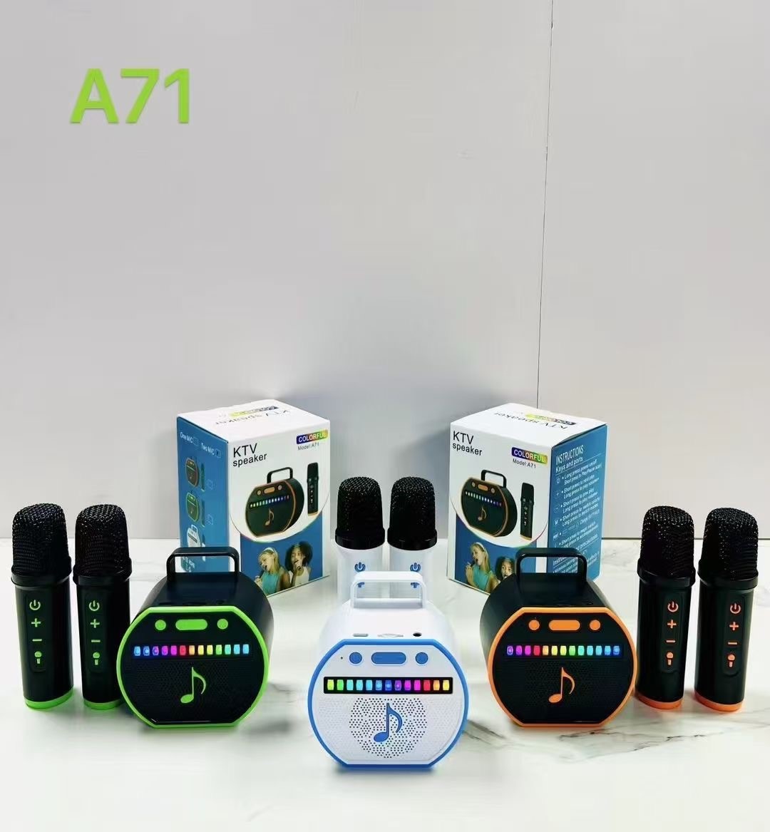 BOCINA BLUETOOTH CON LUCES DE COLORES Y DOS MICROFONOS MODELO A71